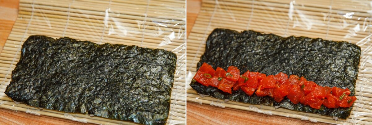 Two side-by-side images: on the left, a sheet of nori seaweed on a bamboo sushi mat; on the right, the nori is topped with a row of spicy tuna roll filling, ready for sushi rolling.