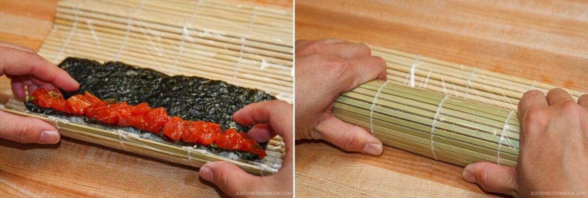 Two images side by side: On the left, hands add spicy tuna roll filling to seaweed and rice on a bamboo mat; on the right, hands carefully roll the mat to shape the sushi.