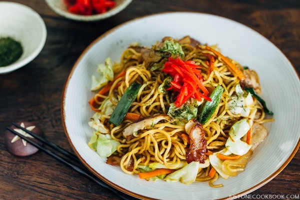 Yakisoba on a white plate.