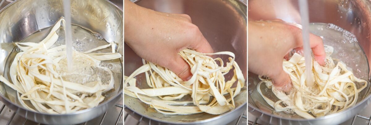 Three-panel image showing strips of tofu skin in a metal bowl being rinsed and soaked under running water, with hands separating and cleaning the strips&mdash;perfect for preparing fresh ingredients for chirashi sushi.