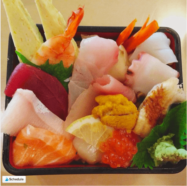 Chirashi Sushi topped with Assorted sashimi.