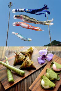 collage of flying carp streamers and kashiwa mochi for Children's Day celebration in Japan