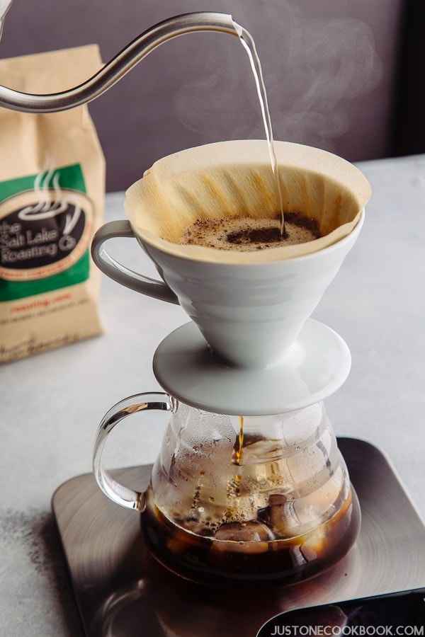 Japanese Iced Coffee with coffee filter on a table.