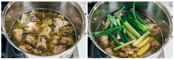 ginger, green onion, and garlic added into a pot of chicken stock