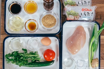 ingredients for shirataki sesame noodle on wood cutting board