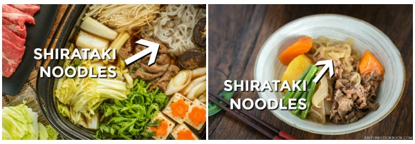 Sukiyaki & Nikujaga with Shirataki noodles in plates.