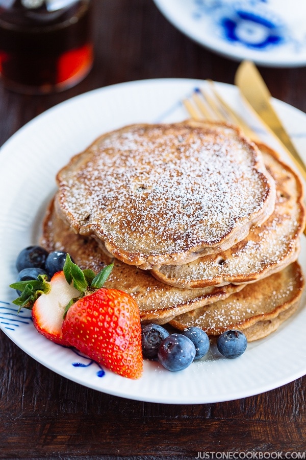 Red Bean Pancake with strawberry and blueberry on the white plate.