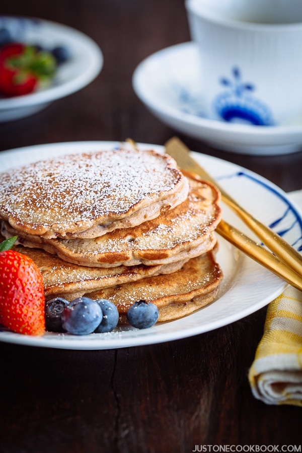 Red Bean Pancake with strawberry and blueberry on the white plate.