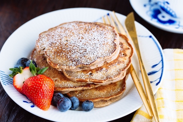 Red Bean Pancake with strawberry and blueberry on the white plate.