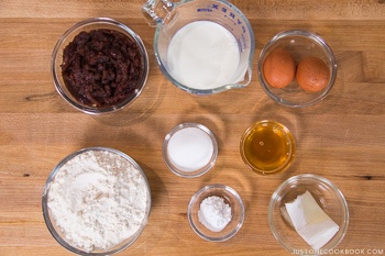 ingredients for imagawayaki on wood cutting board