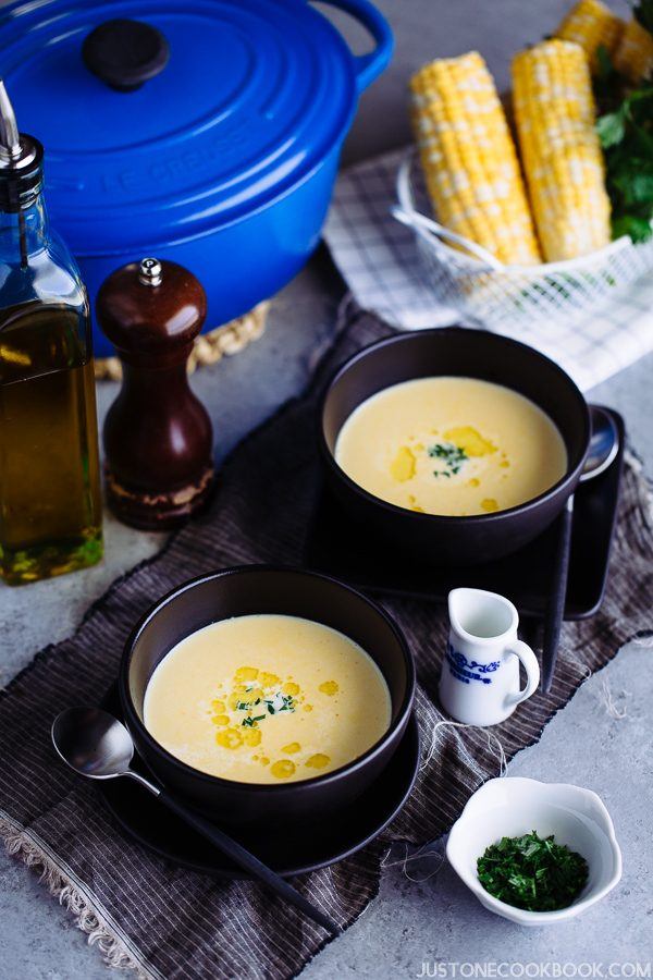 Corn Potage in two bowls on the table.
