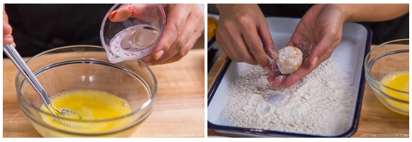 Add water in egg mixture and dredge in flour.