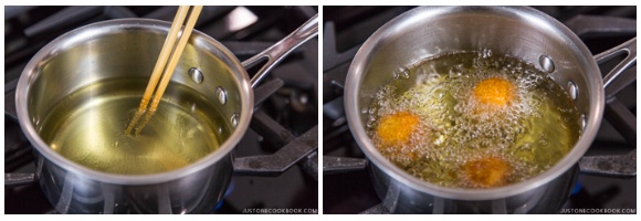 Deep fry kabocha croquette till golden brown.