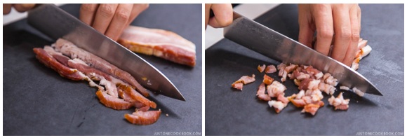 Cut bacon into 1/4 inch cubes.