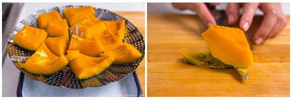 Let cool kabocha and remove the skin with knife.