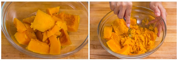 Mash the kabocha in a large bowl.