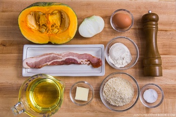 Kabocha Croquette ingredients laying on the cutting board.