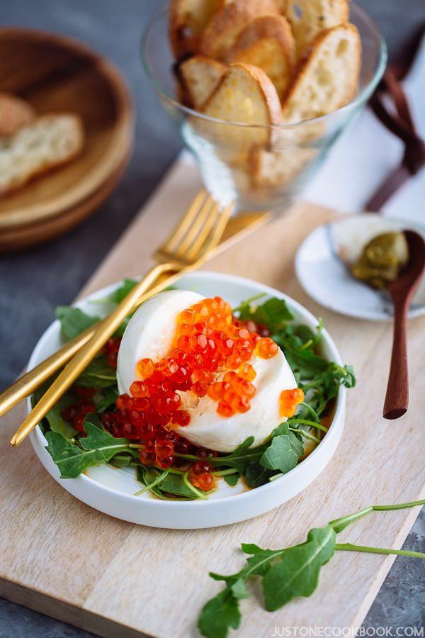 Burrata Crostini with Ikura and Yuzu Pepper • Just One Cookbook