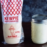Homemade Japanese mayonnaise on the counter next to Kewpie Mayonnaise.
