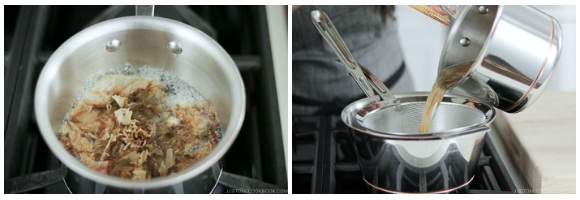 straining the dashi through a fine-mesh sieve set over a saucepan