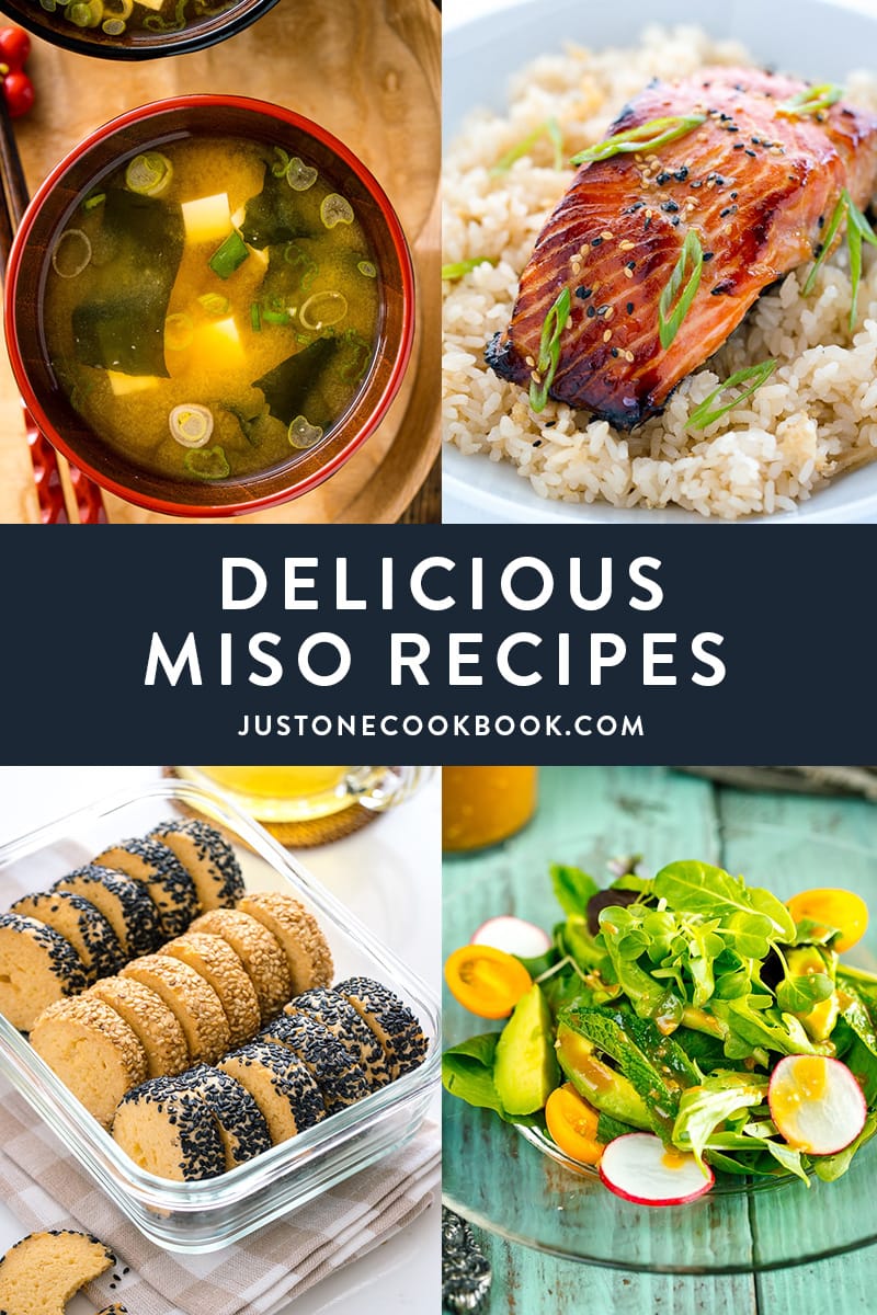 collage of easy miso recipes including miso salmon, miso soup, miso salad dressing, and miso butter cookies