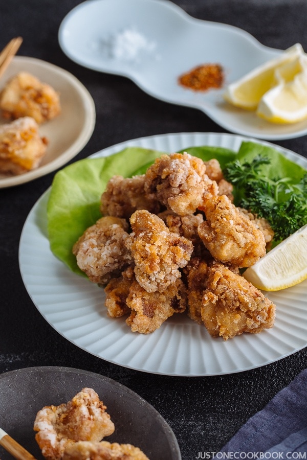 Gluten Free Karaage (Japanese Fried Chicken) on a white plate.