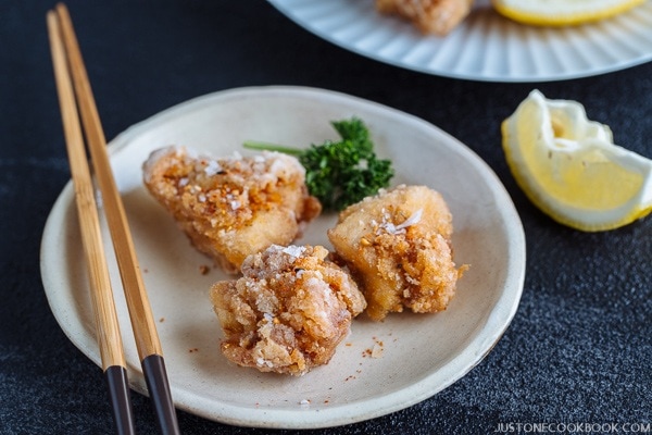 Gluten Free Karaage (Japanese Fried Chicken) on a white plate.