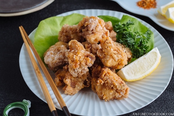 Gluten Free Karaage (Japanese Fried Chicken) on a white plate.