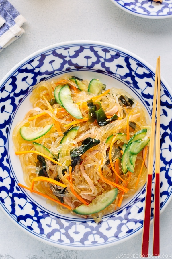 Harusame Salad (Japanese Glass Noodle Salad) on a blue and white plate.