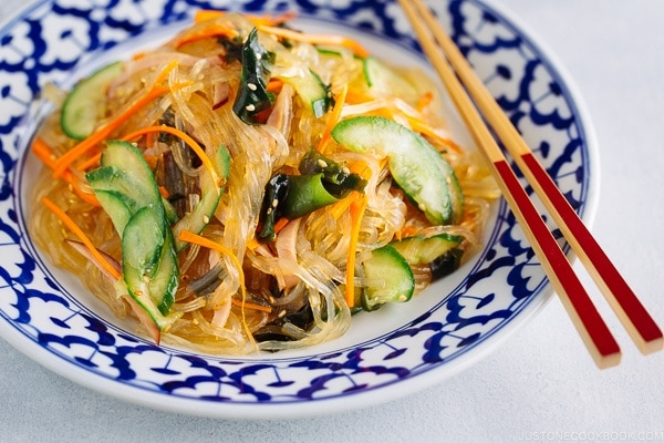 Harusame Salad (Japanese Glass Noodle Salad) on a blue and white plate.