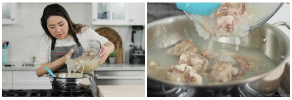 A woman pouring oxtail broth