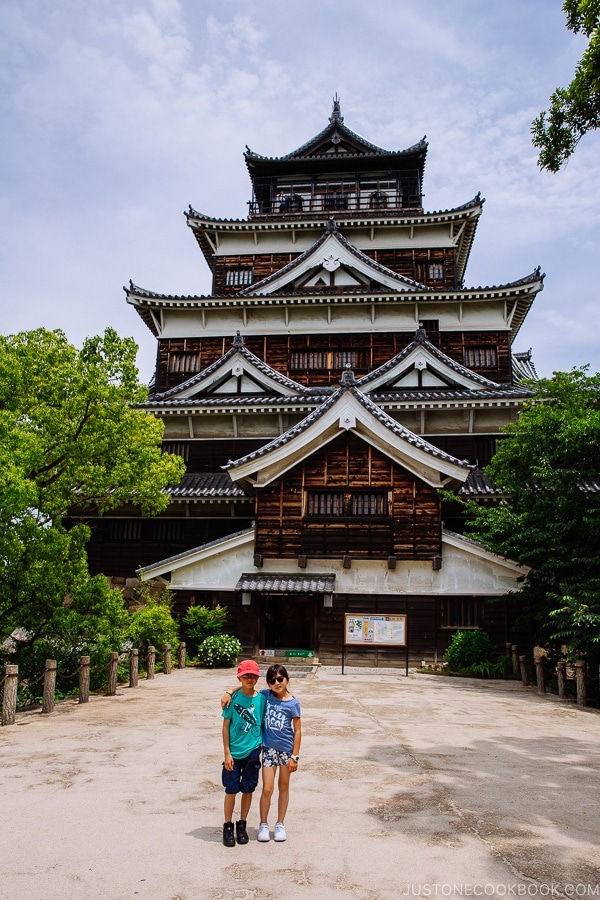 view of children in front of Hiroshima Castle | JustOneCookbook.com