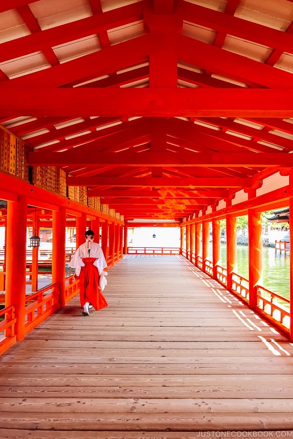 priestess walking Itsukushima Shrine | JustOneCookbook.com