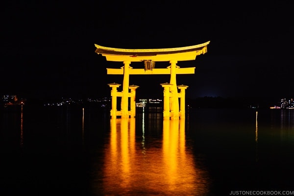 nighttime view of Torii gate at Itsukushima Shrine | JustOneCookbook.com