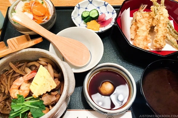 Tempura lunch set meal on a tray in Japan.