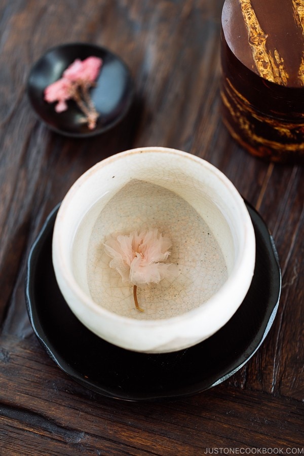 Cherry Blossom Tea in a white Japanese tea bowl.