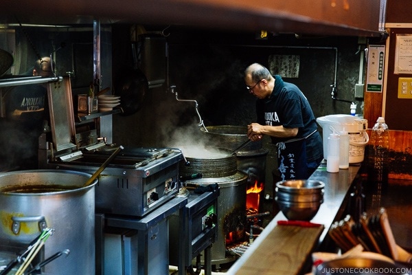 ramen being prepared at Hakata Daruma Ramen - Fukuoka Travel Guide | justonecookbook.com