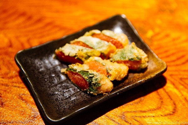 mentaiko (cod roe) tempura at ねぎぼうず Negibouzu Izakaya - Kumamoto Travel Guide | justonecookbook.com