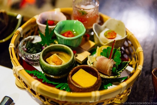 appetizer platter at Shinmei-kan 山の宿 新明館 Kurokawa Onsen Travel Guide | justonecookbook.com