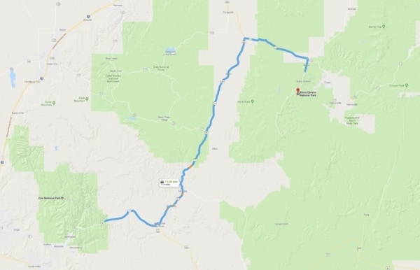 Google Map Zion National Park to Bryce Canyon National Park Zoomed In