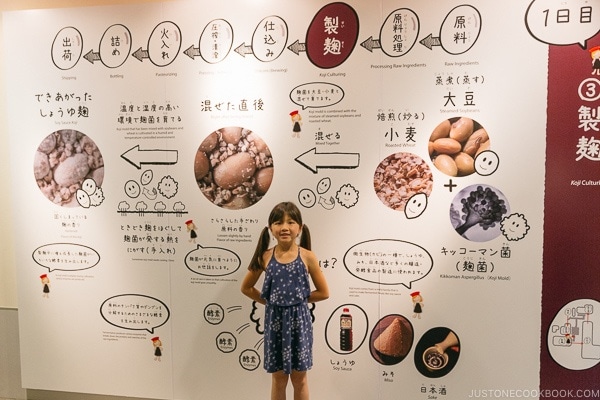 child in front of sign explaining koji and culturing for brewing soy sauce at Kikkoman Factory in Noda Japan | justonecookbook.com