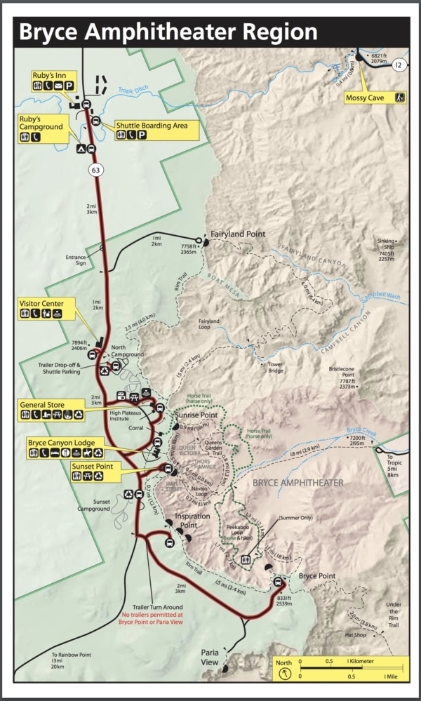 Map of Bryce Amphitheater Region - Bryce Canyon National Park