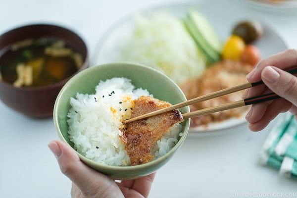 A white plate containing thinly sliced Miso Ginger Pork served with shredded cabbage, sliced cucumbers, and cherry tomatoes.