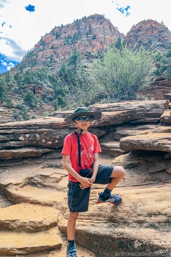 child posing on rocks off the Canyon Overlook Trail - Zion National Park Travel Guide | justonecookbook.com