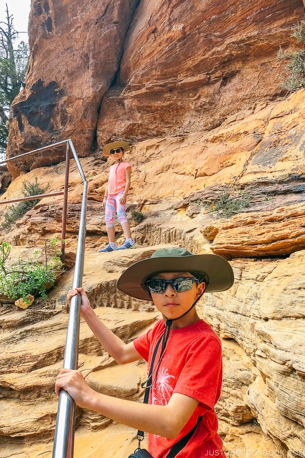 children on the Canyon Overlook Trail holding the rail - Zion National Park Travel Guide | justonecookbook.com
