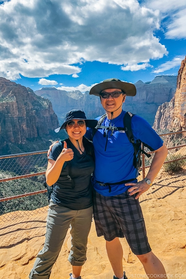 Nami and Mr. JOC at the end of Canyon Overlook Trail - Zion National Park Travel Guide | justonecookbook.com