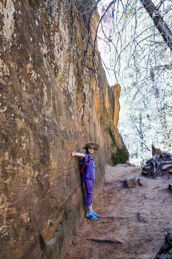 child in front of giant rock on Emerald Pools Trail - Zion National Park Travel Guide | justonecookbook.com