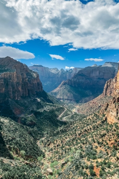 view of Zion Canyon from the end of Canyon Overlook Trail - Zion National Park Travel Guide | justonecookbook.com