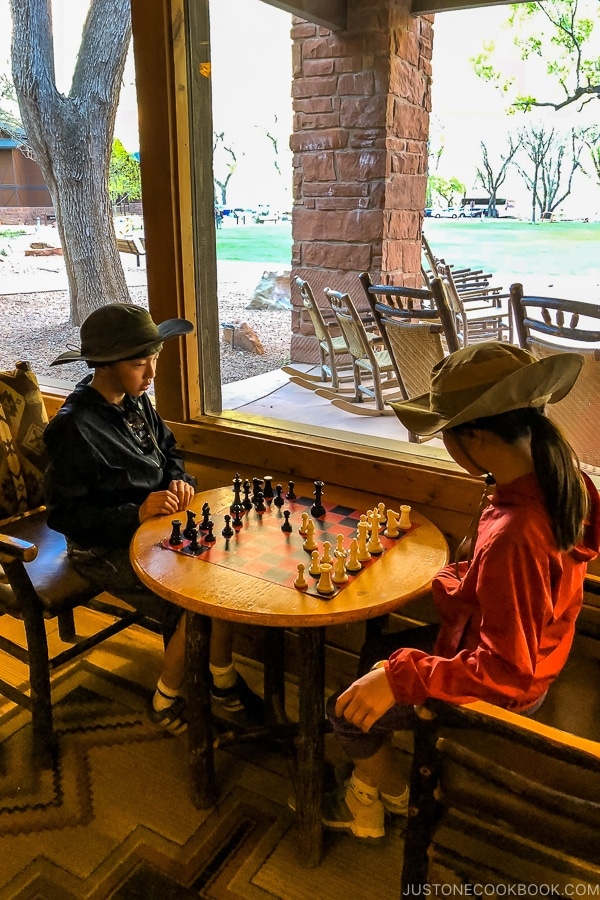 children playing chess at Zion Lodge - Zion National Park Travel Guide | justonecookbook.com