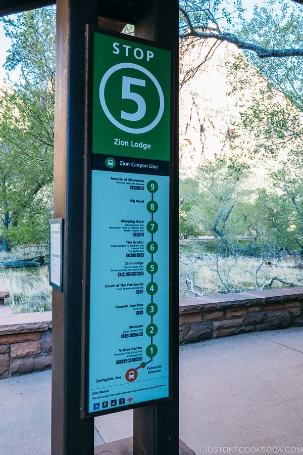 shuttle sign at stop 5 - Zion National Park Travel Guide | justonecookbook.com
